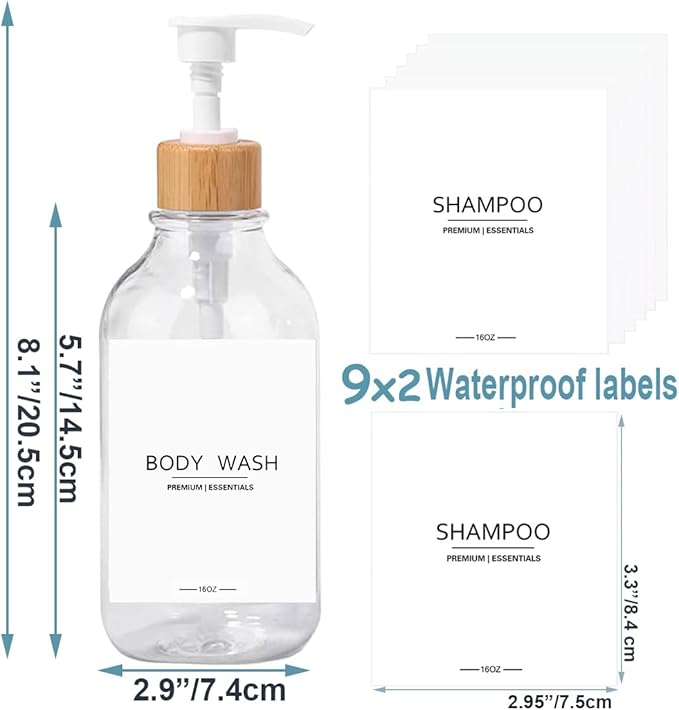 Shower Shampoo and Conditioner Bottles, Apothecary Dispenser Bamboo Pump, Refillable Bottles for Lotion Oil Hand Soap and Dish Soap, Plastic Set (3 Bottles 9 Labels) (6, Clear)
