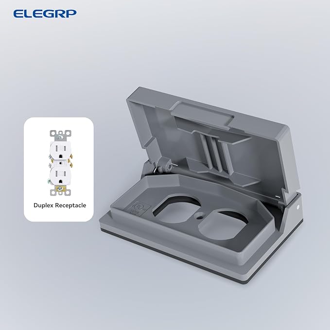 ELEGRP Horizontal Outdoor Cover for Duplex Receptacles, Weatherproof Wall Plate, Outdoor Electrical Outlet Cover, Standard Size 1-Gang 4.77” x 2.97”, Thermoplastic, 2 Pack, Grey