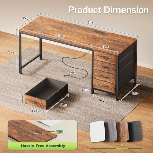 PRAISUN 55.1 Inch Computer Office Desk with Power Outelts and USB-C Port, Reversible Gaming Desk with 4 Fabric Drawers, Work Study Desk Work from Home, Rustic Brown