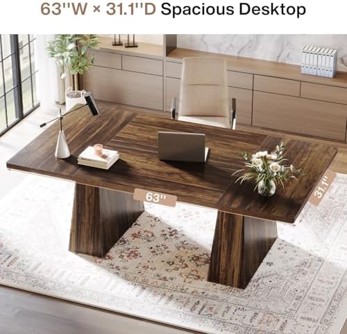 Tribesigns 63-Inch Executive Desk, Large Office Computer Desk with Double Pedestal, Modern Simple Workstations Writing Table Conference Table Business Furniture for Home Office, Rustic Brown