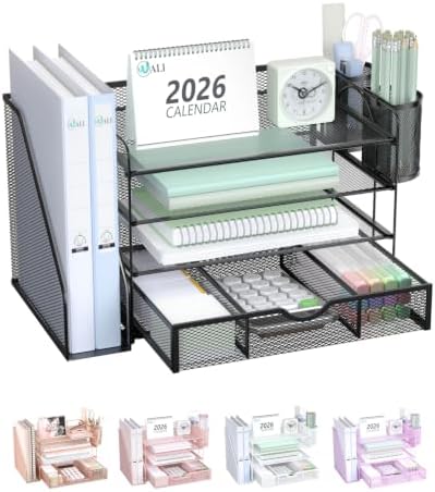 WALI Desk File Organizer, 4 Tier Desktop Paper Letter Tray Organizer with Drawer and 2 Pen Holders, Office Desk Accessories & Workspace Organizers for Office, Home Supplies(DO005DH-B), 1 Pack, Black