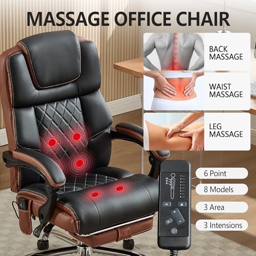 Massage Office Chair 6 Points 500lbs with Footrest,Reclining Desk Chair with Vibration Heat,Executive Big and Tall Chairs for Heavy People,Adjustable Height Ergonomic Black