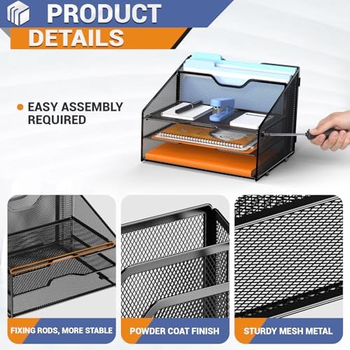 GAWERK Letter Tray Organizer, Mesh Desk File Organizer with 3 Paper Trays and 2 Vertical Upright Section (Silver)