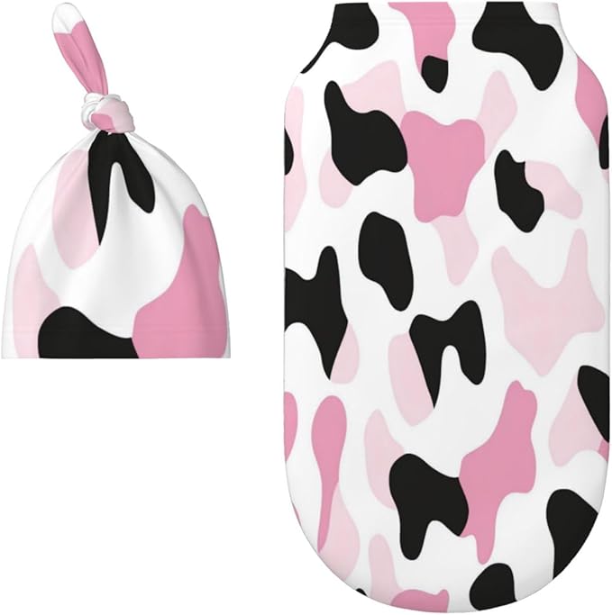 Newborn Swaddle Blankets and Hat Set Soft Cotton Baby Swaddle Wrap Warm Infant Receiving Blanket Pink Print-2