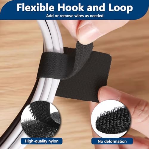 Abnii 50 PCS Hook and Loop Cable Ties, Under Desk Cable Management, Black