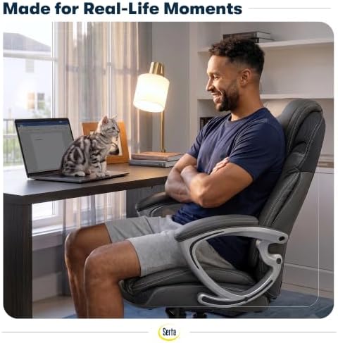 Serta Bryce Executive Office Chair - Ergonomic Computer Desk Chair with Patented AIR Lumbar Technology - Adjustable Height - Memory Foam Body Pillows - 360° Swivel Rolling Base - Bonded Leather - Gray | Bryce, Memory Foam Seat Cushion Desk Chair, Padde...