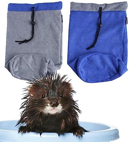 2PC Ferret Bath Towel Bag, Fast Drying Absorbent Bathrobe with Adjustable Drawstring for Ferrets, Chinchilla, Guinea Pigs (Blue+Grey)