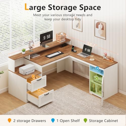 Farmhouse L Shaped Desk with Drawers & Printer Shelf for Home Office
