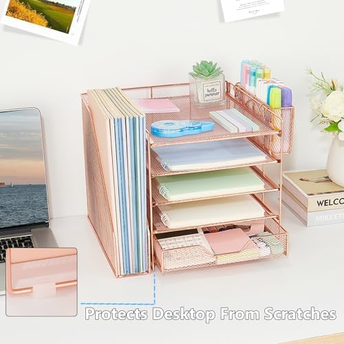 5-Tier Desk File Organizer with Drawer & Pen Holder (Rose Gold)