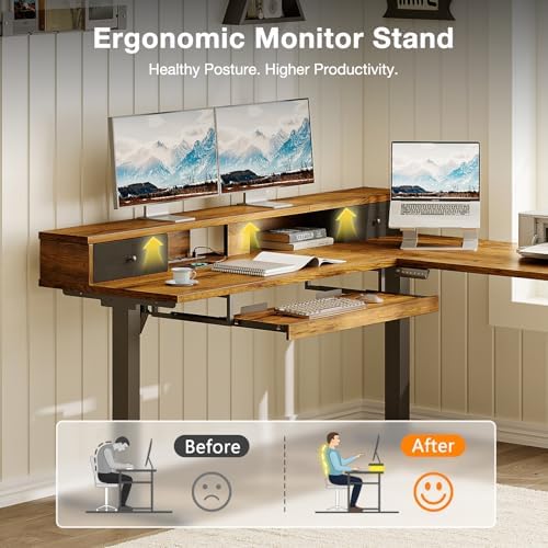 Casaottima 59" L Shaped Electric Standing Desk with Drawers, Rustic Brown