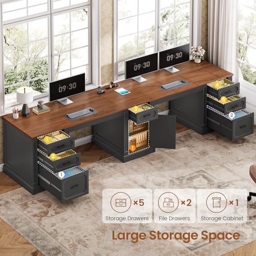 SEDETA Farmhouse 110.3" Two Person Desk with 7 Drawers, Long Computer Desk with Storage Cabinet, 2 Person Desk with Power Outlets for Home Office, Black+Brown