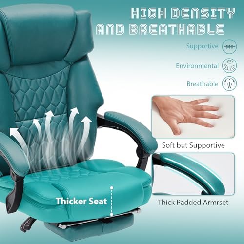 Massage Office Chair with Foot Rest 6 Points Vibration and Heat Home Office Desk Chairs for Heavy People 400lbs Reclining Managerial Chairs Ergonomic Executive Chair (Teal Blue)