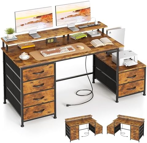52 Inch Office Desk with 6 Drawers and Printer Space for Storage, Reversible Computer Desk with Monitor Stand & Power Outlets, Home Office Desks, Vintage Brown