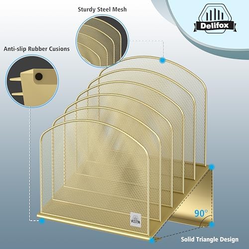 Delifox Inclined Desk File Organizer,Vertical File Folder Holder Stand Metal Rack File Sorter for Office Classroom Desktop Organization (1, Gold, 5)