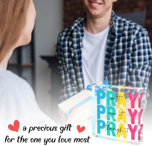 Multicolor Dorm Room Decor for Women, Office Decor for Women, Christian Gifts Desk Bedroom Bible Verse, Desk Decorations for Office, Pray on It Over It Through It, 4 x 4 inch