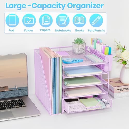 5-Tier Desk File Organizer with Drawer & Pen Holder (Purple)