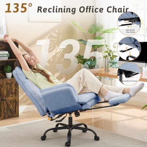 Wider Seat Office Chair with Flip Armrests for Criss Cross Legged&Cats, Big and Tall Executive Ergonomic Reclining Chair with Footrest&Lumbar Pillow, Teddy Fleece Desk Chair,Blue Vanity Chair