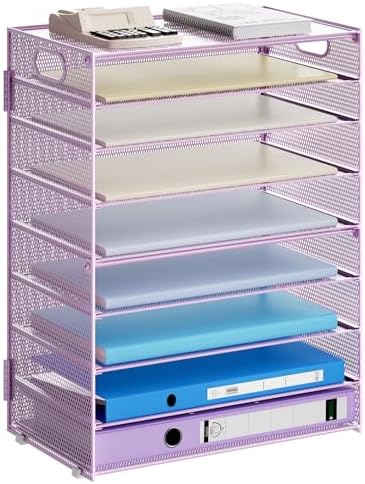 Marbrasse Paper Organizer Letter Tray, 9 Tier Mesh File Organizer with Handle, Paper Sorter Desk Organizer for Home Office Supplies - Purple
