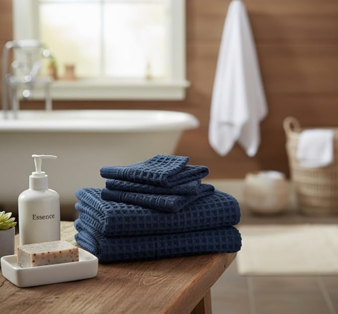 DEMMEX Organic Cotton Waffle Weave Turkish Towel Set for Bathroom, 100% Oeko-TEX Certified Super Soft Turkish Cotton, Lightweight & Quick Dry, 1 Bath & 2 Large Hand Towels, 30x60/20x30 in., Navy Blue