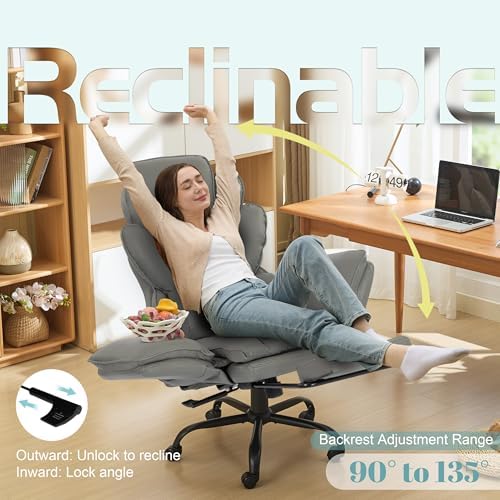 Flip Armrests Criss Cross Office Chair, Reclining Office Chair with Foot Rest, Adjustable Headrest, Massage Waist Pillow, Cross Legged Big and Tall Desk Chair Wide Seat Vanity Chair, Grey PU Leather