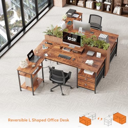 Furologee 50 Inch L Shaped Computer Desk with Power Outlet, Rustic Brown