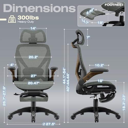 ELABEST X100 Ergonomic Mesh Office Chair with Footrest, Big and Tall Home Desk Chair with 5D Flip-Up Arms, Adjustable 3D Lumbar Support, Gaming & Executive Computer Chair (Forest Ranger)