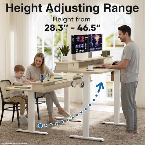 Veken 47x28 in Electric Standing Desk with Drawers, Adjustable Table, Wood