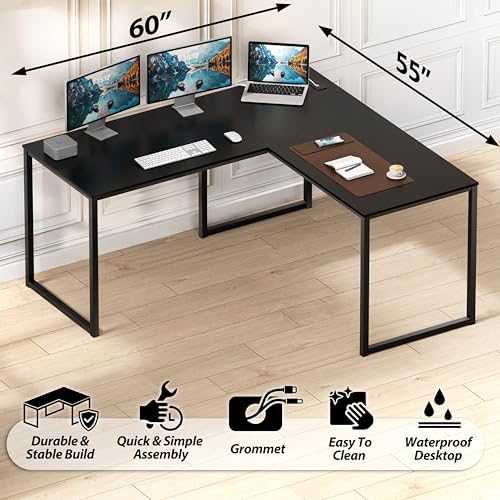 SHW Mission 55 x 60 L-Shape Home Office Computer Desk, Black