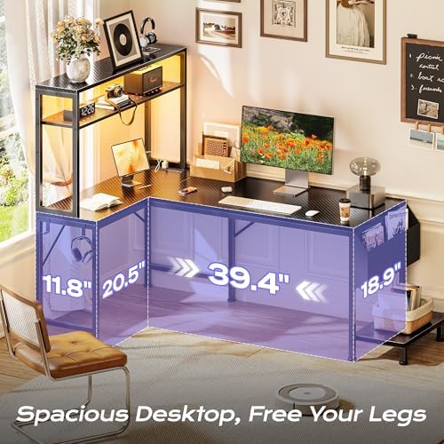 PRAISUN L Shaped Gaming Desk with LED Lights & Power Outlets