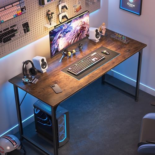 Huuger Computer Desk, 48 Inch Office Desk, Gaming Desk with Storage, Writing Desk Work Desk for Home Office, Study, Modern Simple Desk, Large Legroom, Metal Frame, Rustic Brown