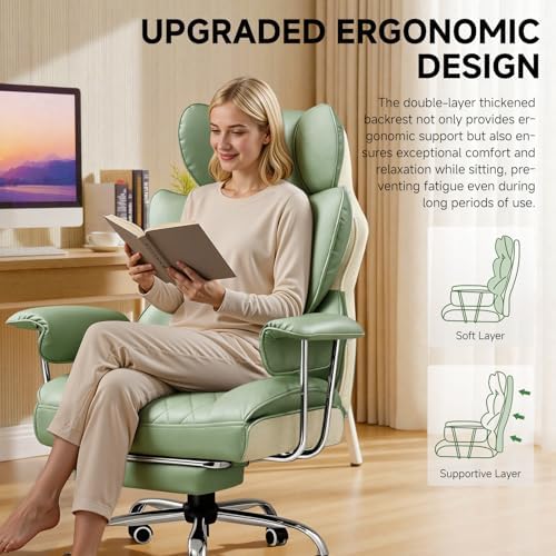 COMHOMA Big and Tall Office Chair, High Back Leather Gaming Chair with Footrest, Executive Ergonomic Office Chairs with Pocket Spring Lumbar Support and with Outward Fixed Soft Armrests