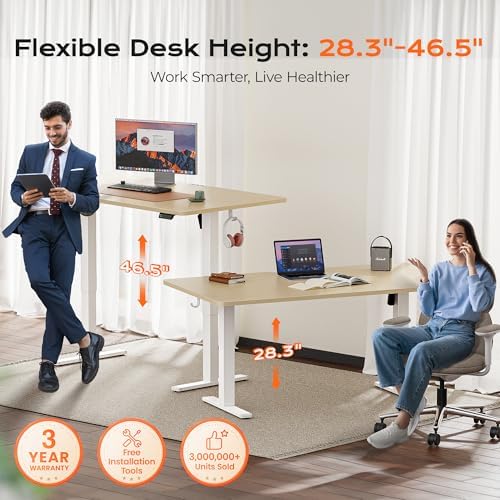 Huuger 63 x 28 Large Electric Standing Desk, Height Adjustable Computer Desk, 27.6" Deep Desktop, Stand up Gaming Office Table with 2 Hooks, 3 Preset Heights, for Home Office, Maple, 7021Q-1