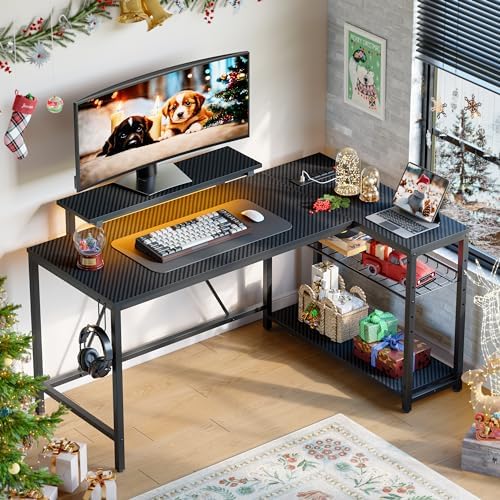 Bestier 58-Inch L-Shaped Gaming Desk with Charging & LED, Black