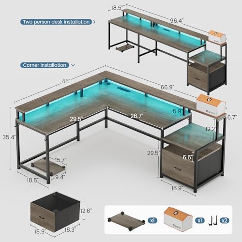 SEDETA 66" Reversible L Shaped Computer Desk with Power Outlet, File Drawer