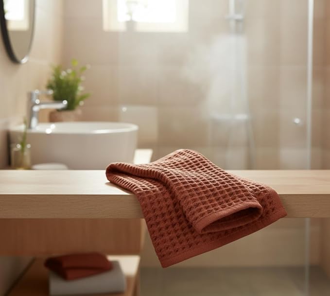 DEMMEX Organic Cotton Waffle Weave Turkish Towel Set for Bathroom, 100% OEKO-TEX Certified Super Soft Turkish Cotton, Lightweight & Quick Dry, 1 Bath & 2 Large Hand Towels, 30x60/20x30 in., Terracotta