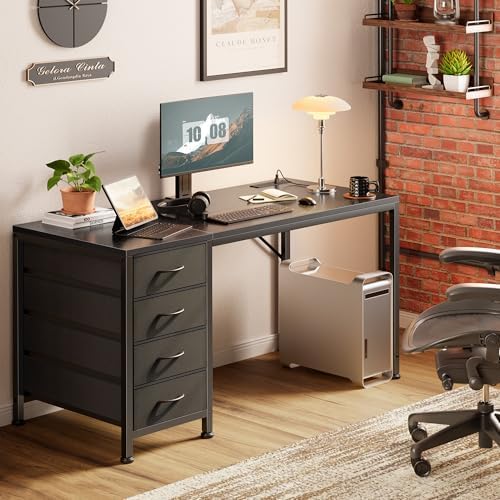 PRAISUN 47.2Inch Computer Office Desk with Power Outelts and USB-C Port, Reversible Gaming Desk with 4 Fabric Drawers, Work Study Desk Work from Home, Black