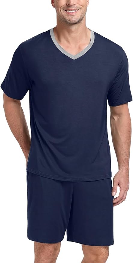 PrinStory Men's Pajama Set Sleepwear Pjs Lightweight Quick Dry Short Sleeve V-Neck Shirts and Shorts Soft Comfy Sleep Sets