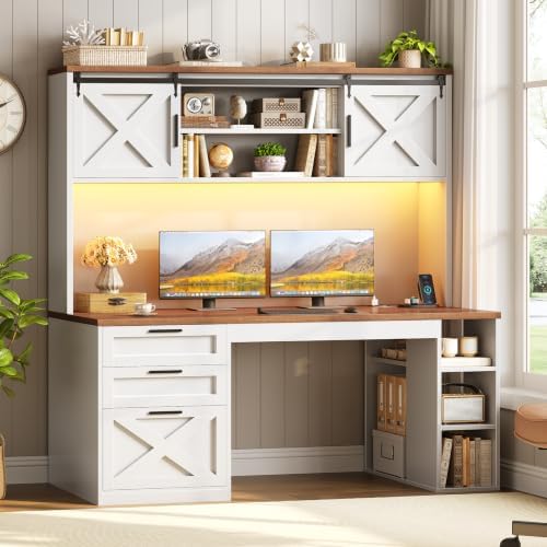 SEDETA 55.1" Farmhouse Desk with Hutch & 3 Storage Drawers
