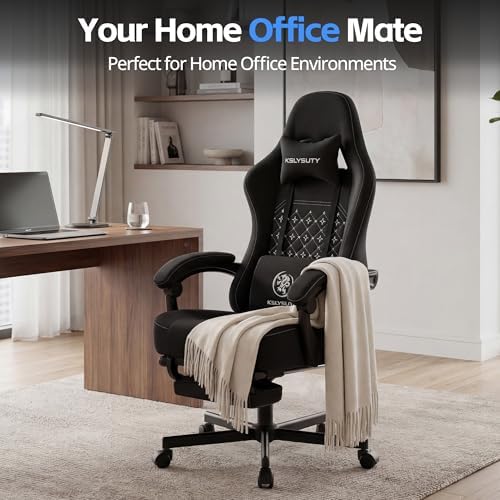 Desk Computer Gaming Chair - Ergonomic Game Office Chair with Extended Footrest and Massage Lumbar Support, Home Gamer Video Game Chairs with Spring Cushion for Adults (Pro Black Fabric)