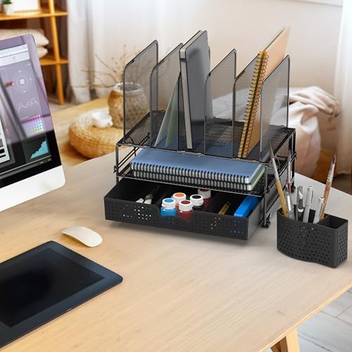 Simple Houseware Desk File Organizer for Office Supplies w/Drawer, Black
