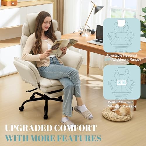 Flip Armrests Criss Cross Office Chair, Reclining Office Chair with Foot Rest, Adjustable Headrest, Massage Waist Pillow, Cross Legged Big and Tall Desk Chair Wide Seat Vanity Chair, Beige PU Leather