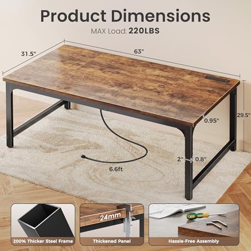 Huuger 63 x 31.5 inch Desk with Power Outlets & 0.95 Inch Thicker Desktop