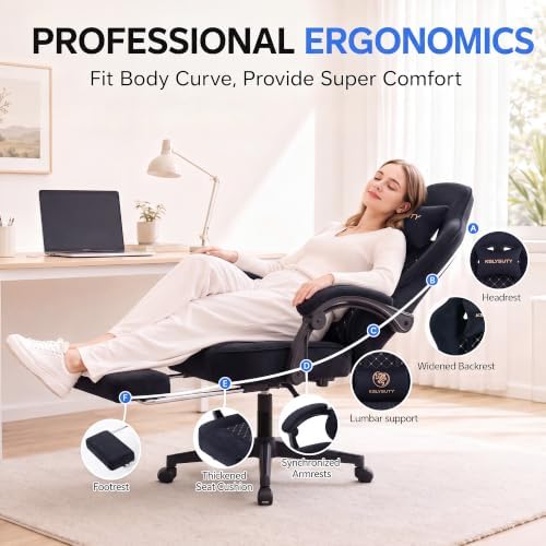 Desk Computer Gaming Chair - High Back Ergonomic Office Chair with Footrest and Lumbar Support, Swivel Comfy Home Gamer Video Game Chairs with Pocket Spring Cushion for Adults (Black Fabric)