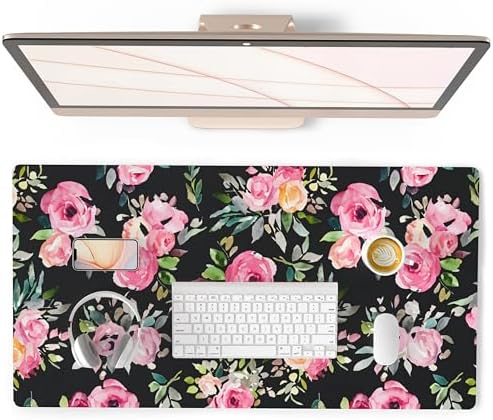 QiyI PU Leather Large Mouse Pad, Office Décor, 31.5" x 15.7", Pink Flowers