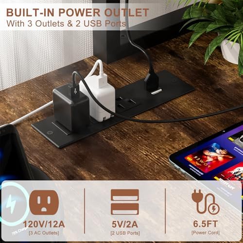 Aheaplus L Shaped Gaming Desk with Power Outlets & LED Lights, Rustic Brown