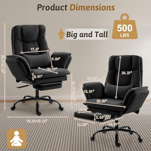 Wider Seat Office Chair with Flip Armrests for Criss Cross Legged&Cats, Big and Tall Executive Ergonomic Reclining Chair with Footrest&Lumbar Pillow, Teddy Fleece Desk Chair,Black Vanity Chair