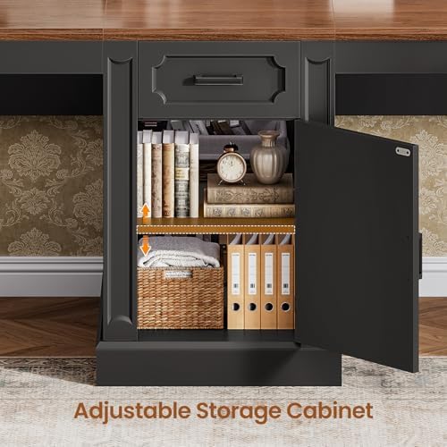 SEDETA Farmhouse 110.3" Two Person Desk with 7 Drawers, Long Computer Desk with Storage Cabinet, 2 Person Desk with Power Outlets for Home Office, Black+Brown