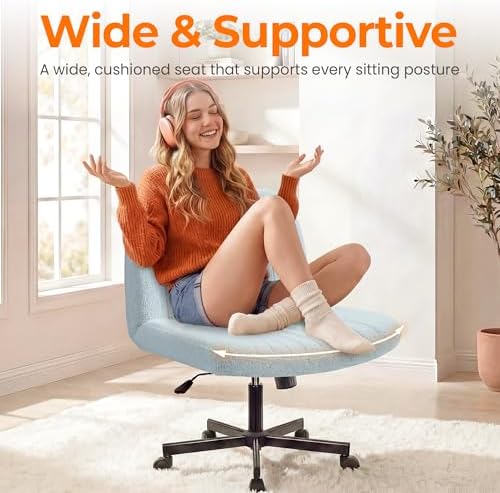 NEO CHAIR Criss Cross Chair with Wheels, Wide Comfy Desk Seat, Teddy Blue