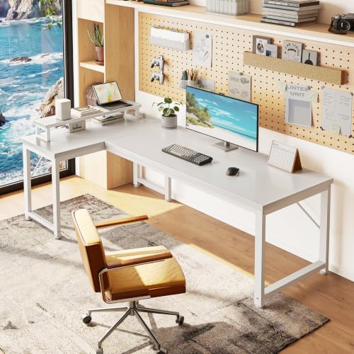 PRAISUN 53" L Shaped Computer Desk, Power Outlets, Monitor Stand, White