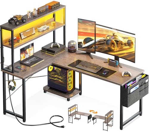 AODK L Shaped Desk Gaming Desk with LED Light & Power Outlet